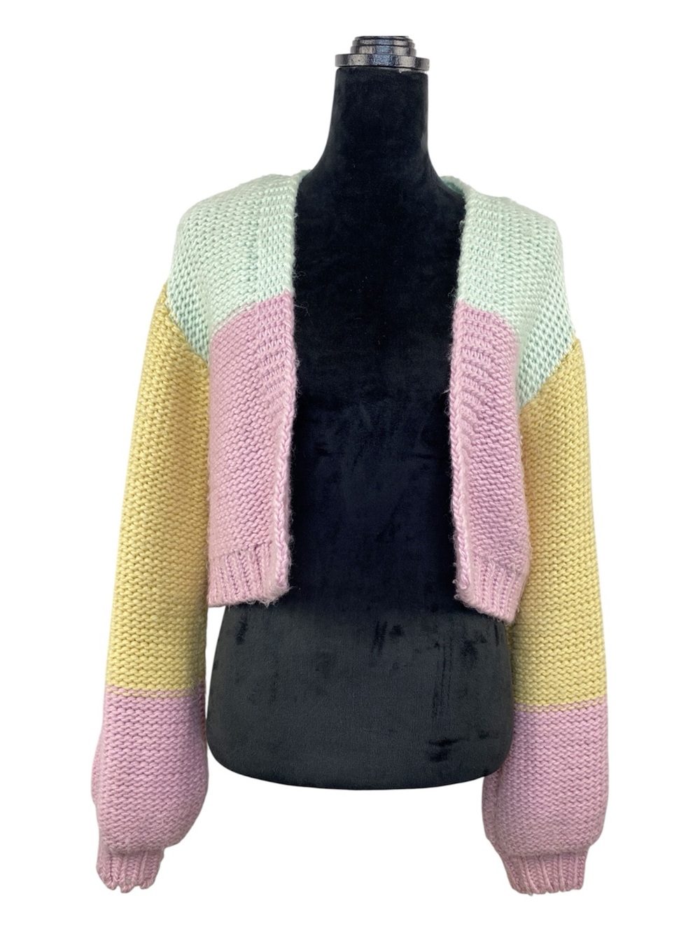 Stitch & Pine Pastel Color Block Chunky Knit Cropped Cardigan Balloon Sleeve